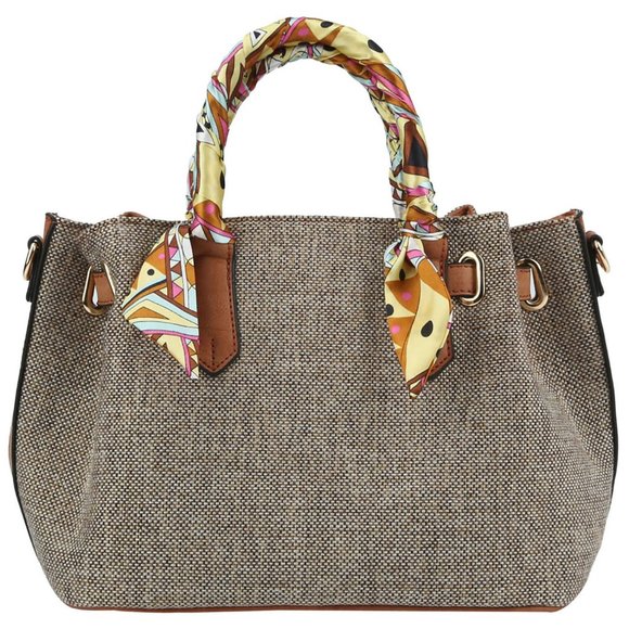 Linen with scarf Handle handbag in Coffee - Picture 3 of 5